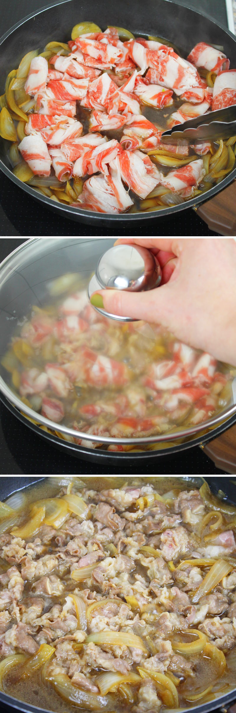 Gyudon Schritt 7 Rindfleisch in Sauce kochen