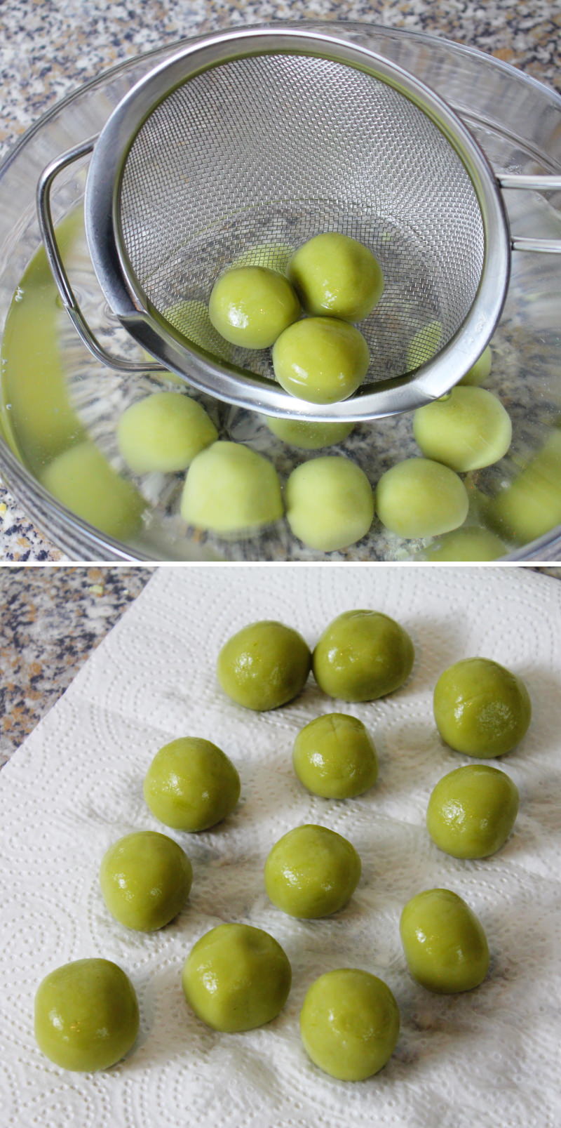 Matcha Dango Schritt 8 Reiskugeln abschrecken und abtropfen