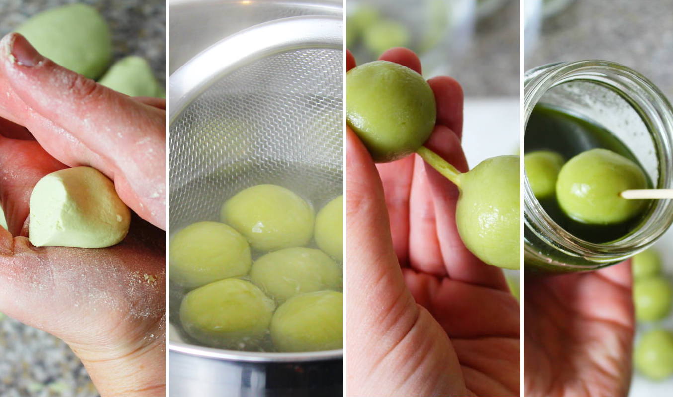 Reikugeln für Matcha Dango kochen und in Sirup tauchen