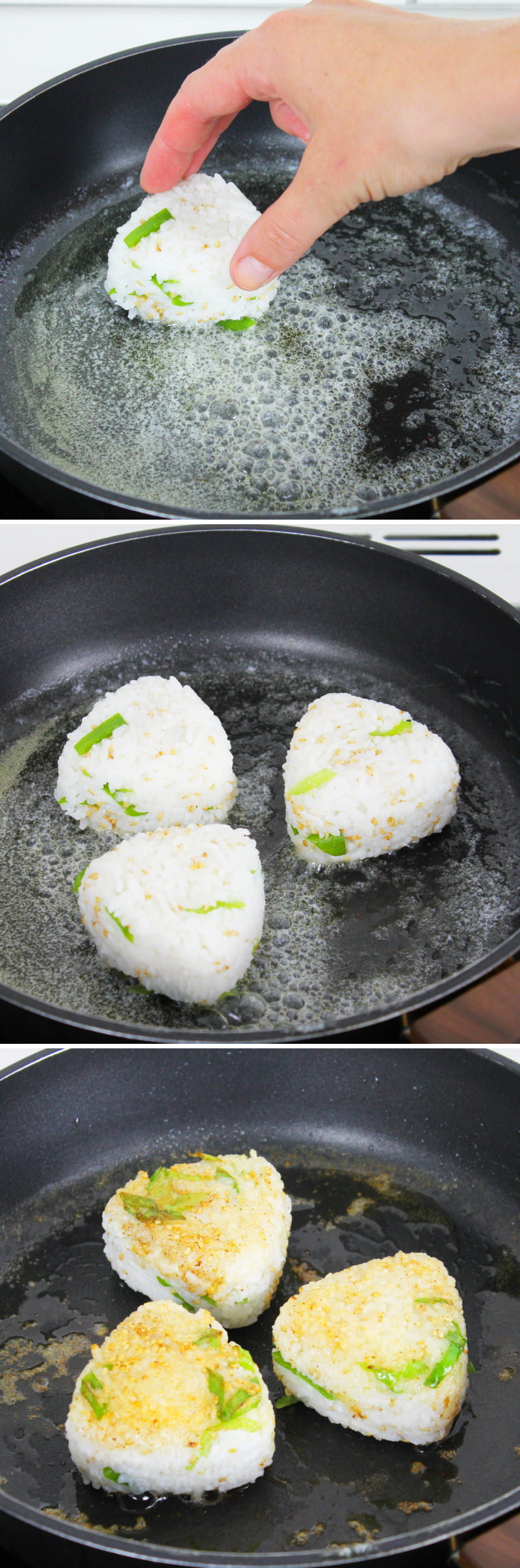 Miso Yaki Onigiri Schritt 5 Reisbällchen in Pfanne braten