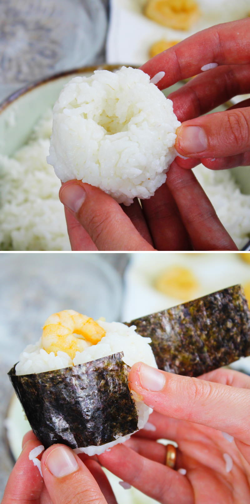 Tenmusu Onigiri Schritt 9 Reisbällchen füllen