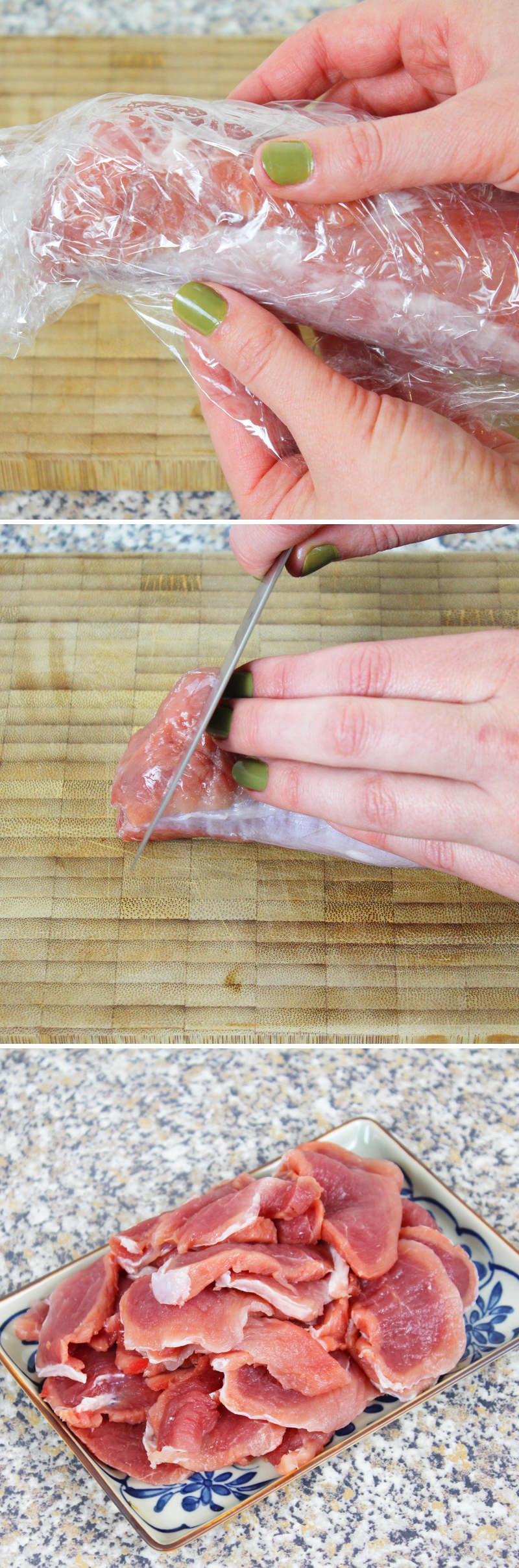 Butadon Schritt 2 Fleisch in Scheiben schneiden