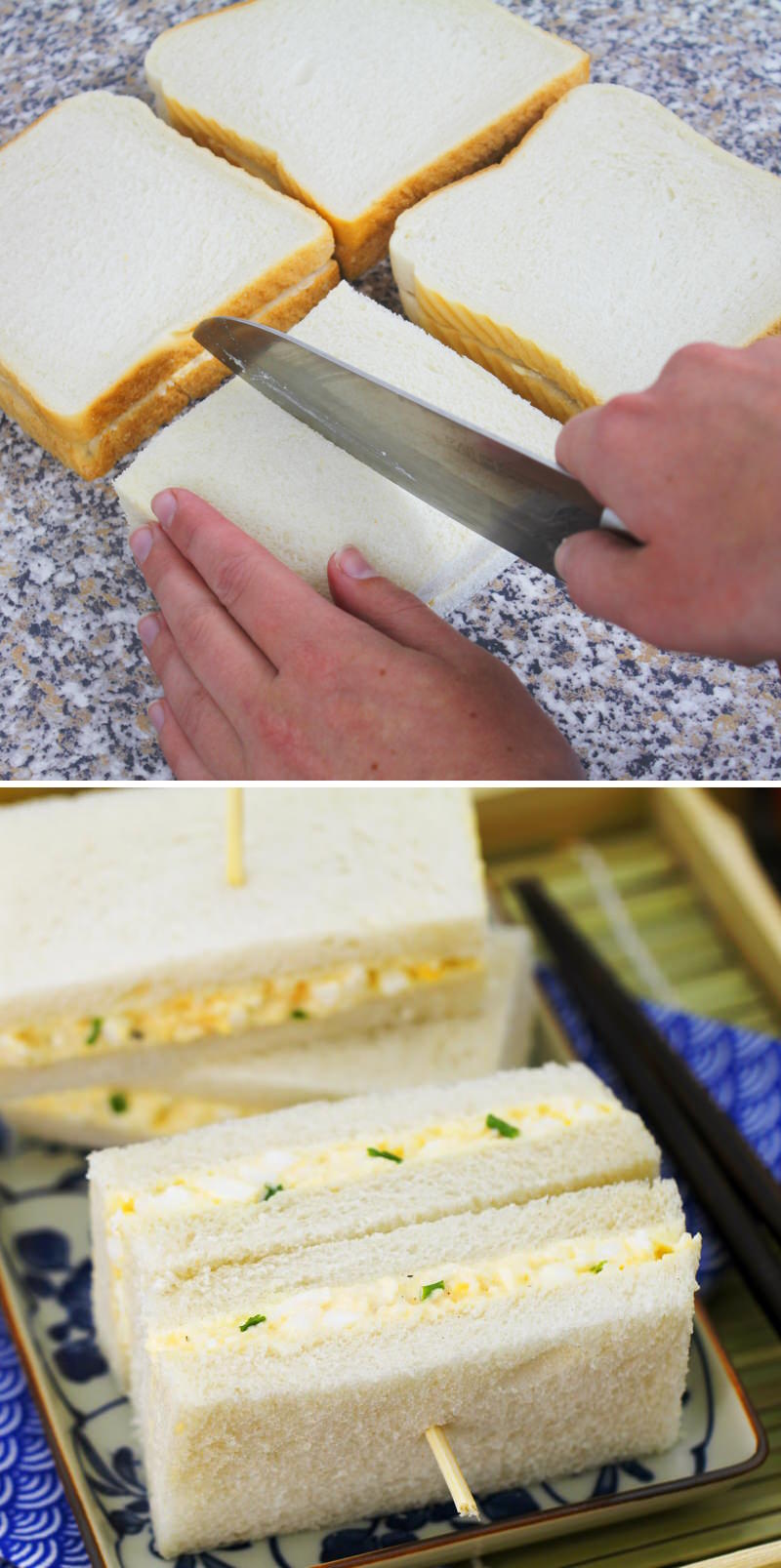 Tamago Sando Schritt 7 Sandwich zerteilen