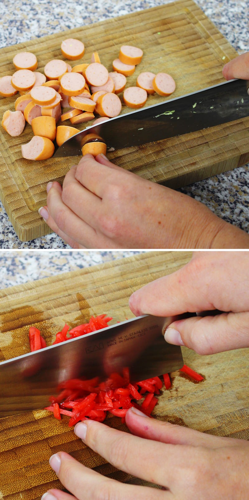 Yakisoba Pan Schritt 3 Würstchen und Beni Shoga schneiden