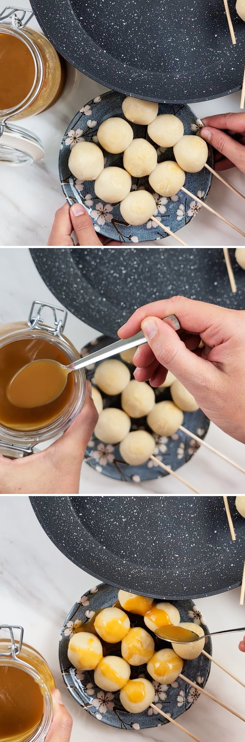 Tofu Dango Schritt 13 Spieße in Sauce tunken